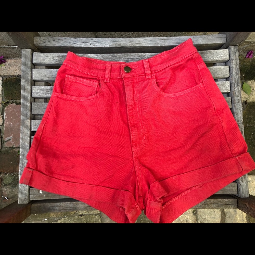 Red, high-waisted American Apparel Jean Shorts